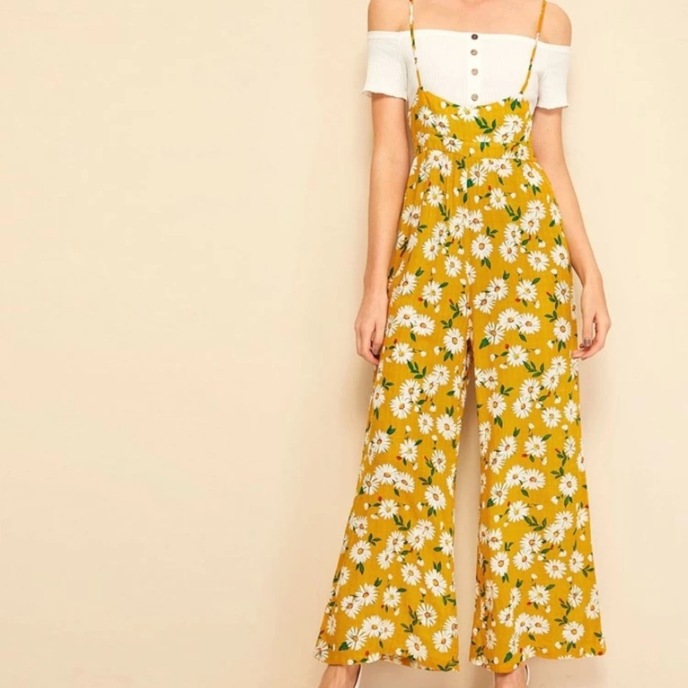 Women’s Daisy Print High Waist Suspender Pants/Overalls